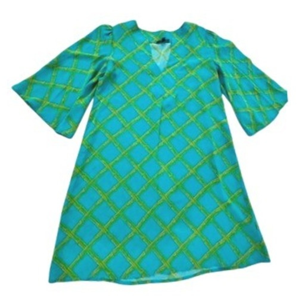 Lauren Gold 100% Silk Blue & Green Print V-Neck Shift Dress, Small